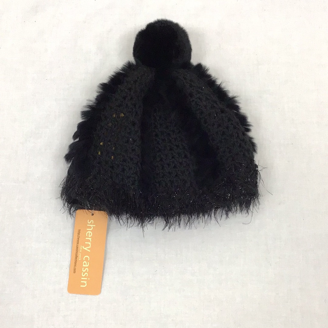 Sherry Cassin Real Fur Black Rabbit Pom Pom Winter Hat