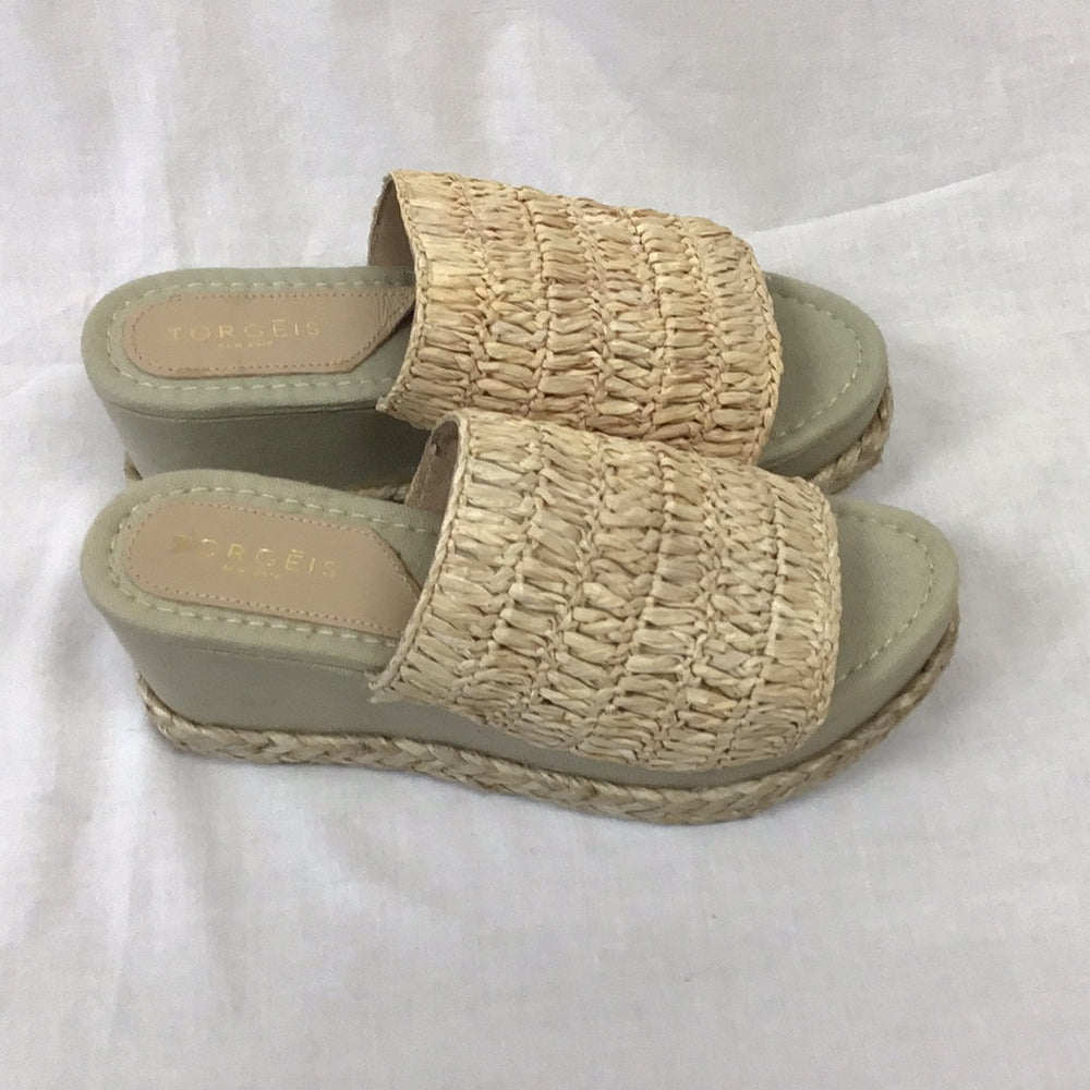 Women's Torgeis New York Tan Island Braided Woven Wedge Thong Sandals 8