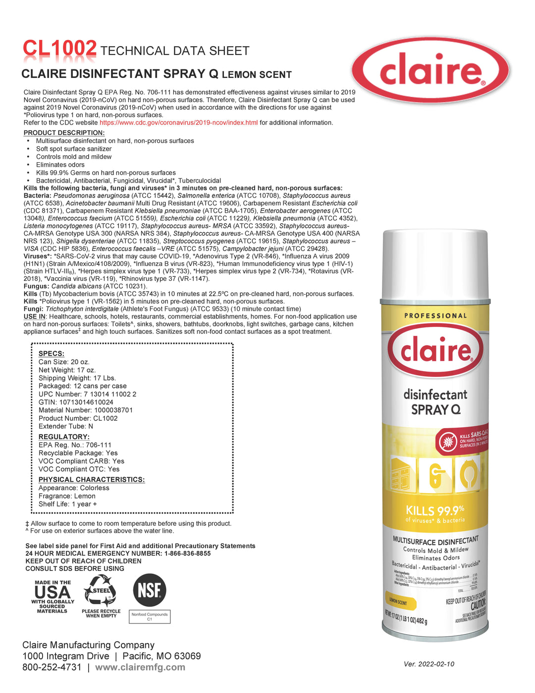 Claire Disinfectant Q Spray - Lemon Scent