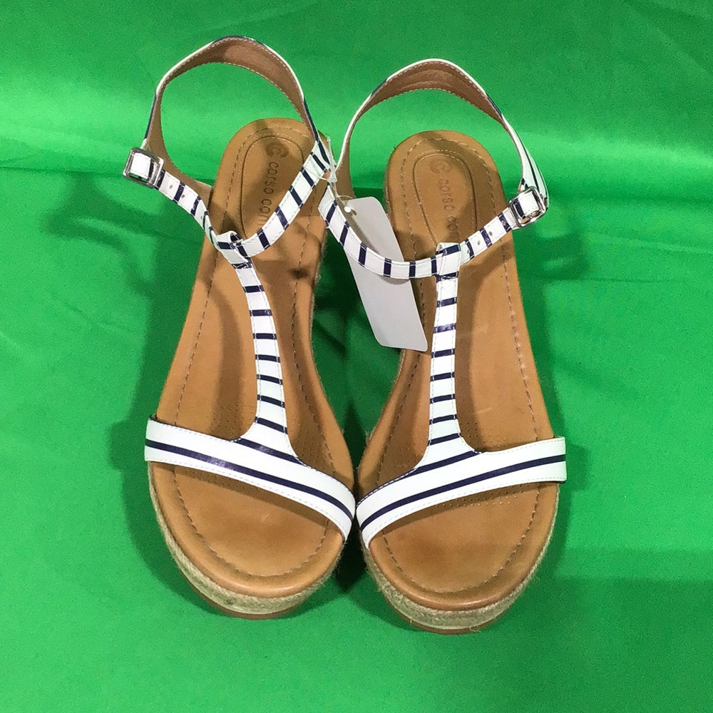13010300-Corso Como Women's Tan, Blue & White Striped Leather Cork Wedge Sandals Strap Heel Size 9M - In Box