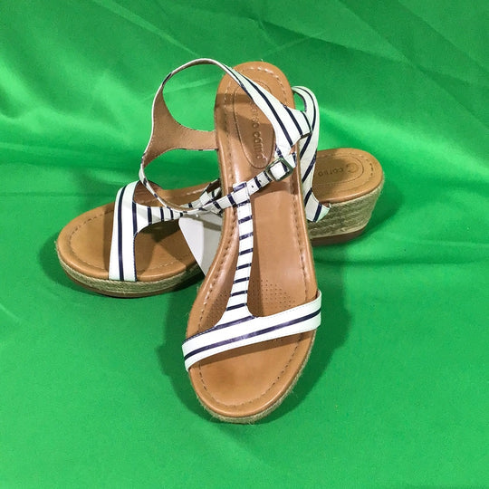 13010300-Corso Como Women's Tan, Blue & White Striped Leather Cork Wedge Sandals Strap Heel Size 9M - In Box