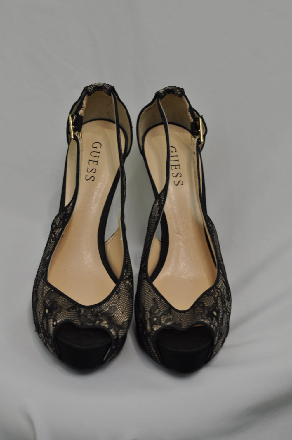 Guess Black Lace over Nude Stiletto Heels - Size 9