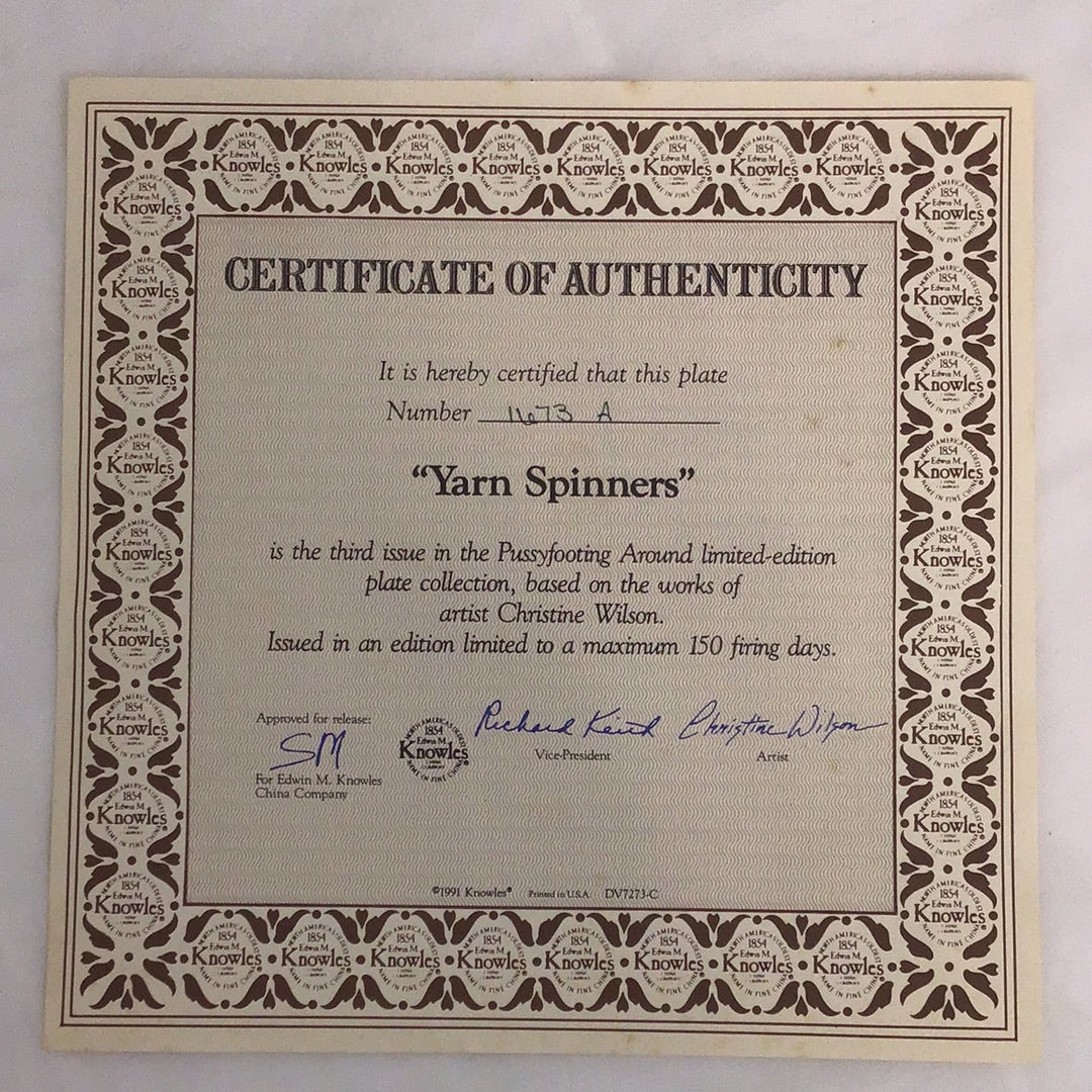 Knowles “Yarn Spinners”, Certificate #1673A