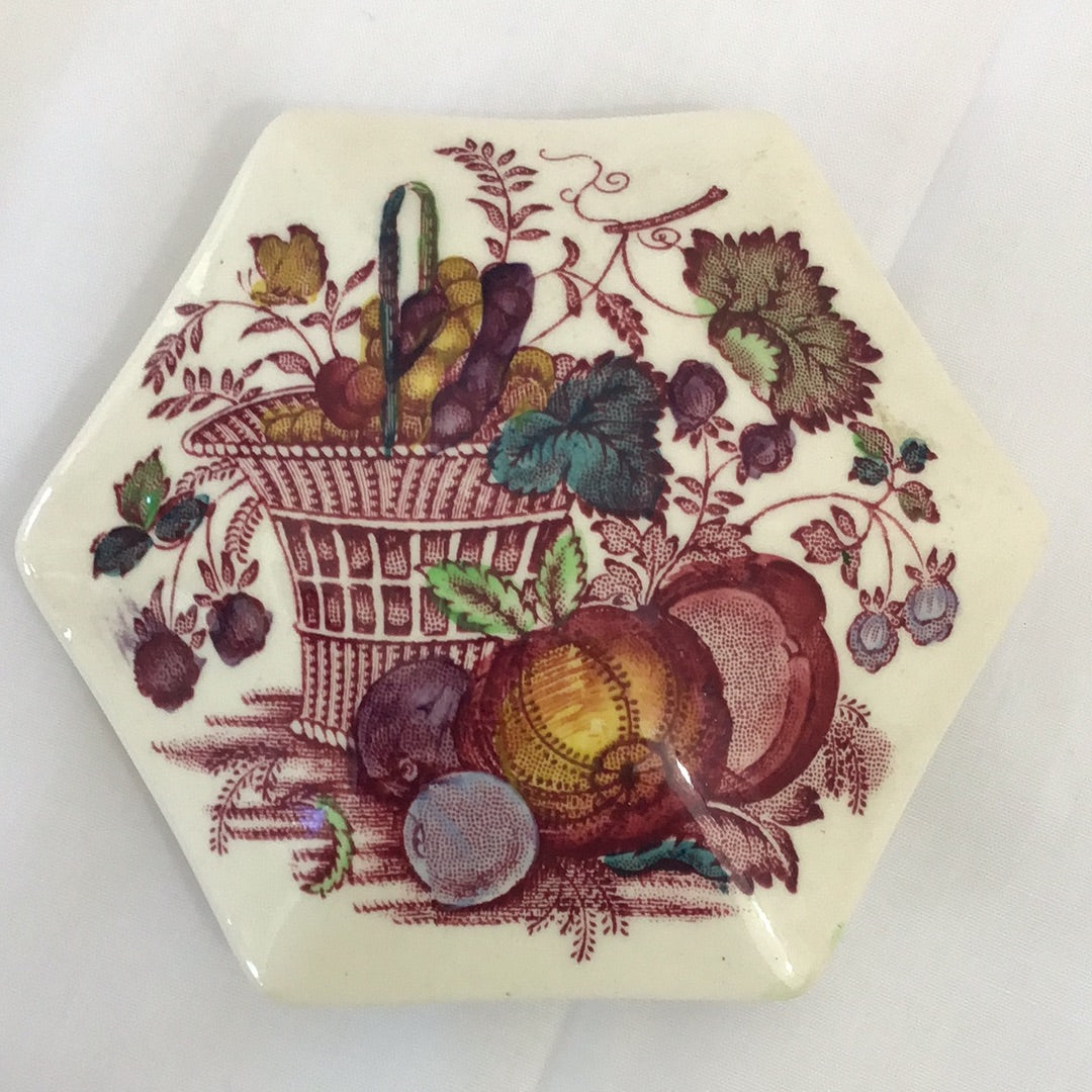 Mason’s Ironstone China Hexagonal Lidded Trinket Dish, Fruit Basket Pattern, Red with Color