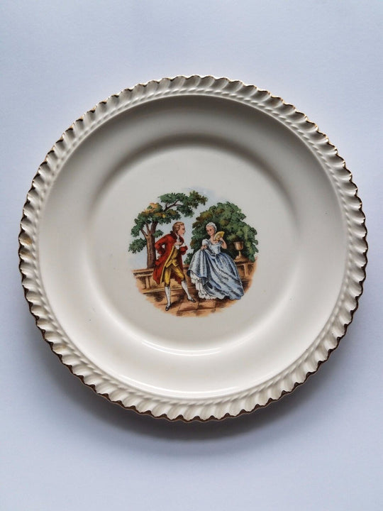 Vintage Harker Pottery 6 1/4" Courting Couple Plates. 22k Gold Trim. Set of 6.